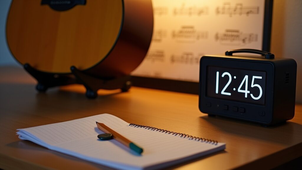Guitar practice setup, acoustic guitar, timer, notepad, and pick on a desk.